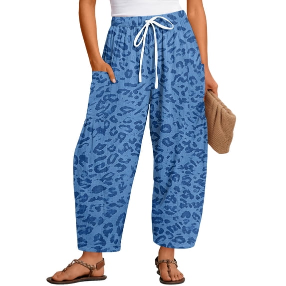 Women‘s Barrel Wide Leg Pants Drawstring Elastic Waist Casual Vacation Beach Palazzo Harem Trousers with Side Pockets L
