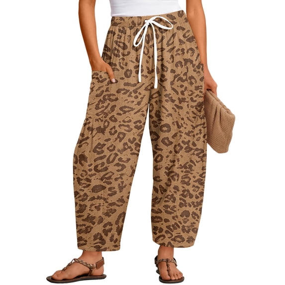 Women‘s Barrel Wide Leg Pants Drawstring Elastic Waist Casual Vacation Beach Palazzo Harem Trousers with Side Pockets XL