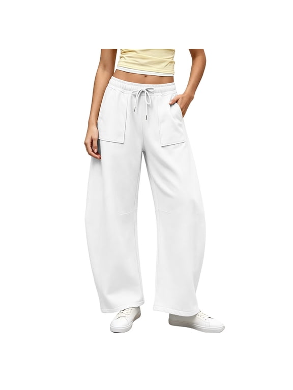 Women's Barrel Wide Leg Sweatpants Drawstring Elastic Waist Loose Casual Jogger Pants with Large Patch Pockets Workout Daily Trousers White S