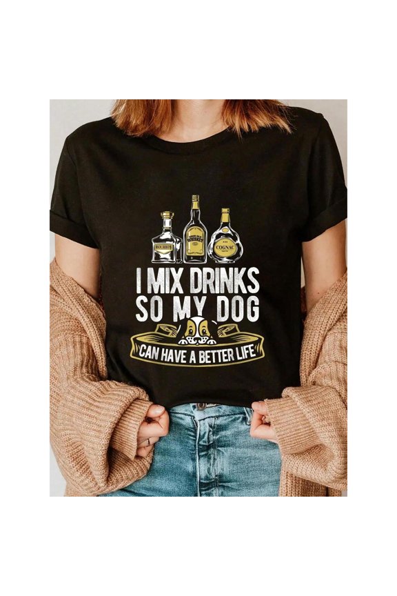 Women's Bartender & Pet Lover Graphic Tee - 'Crafting Drinks, Caring for Pups' Playful Design on Soft Black Cotton, Comfortable Crew Neck Casual Top