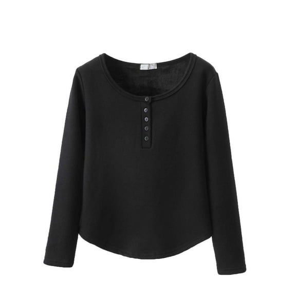 Women's Base Layer Tops Button Crew Neck Long Sleeve Curved Hem Pullover Solid Color Velvet Fleece Thermal Blouse (XL, Black)