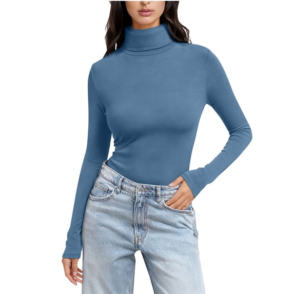 Women's Base Layer Turtleneck Long Sleeve Solid Thermal Pullover Slim Tops Blue L