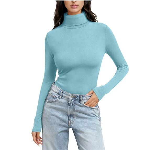 Women's Base Layer Turtleneck Long Sleeve Solid Thermal Pullover Slim Tops Light Blue L