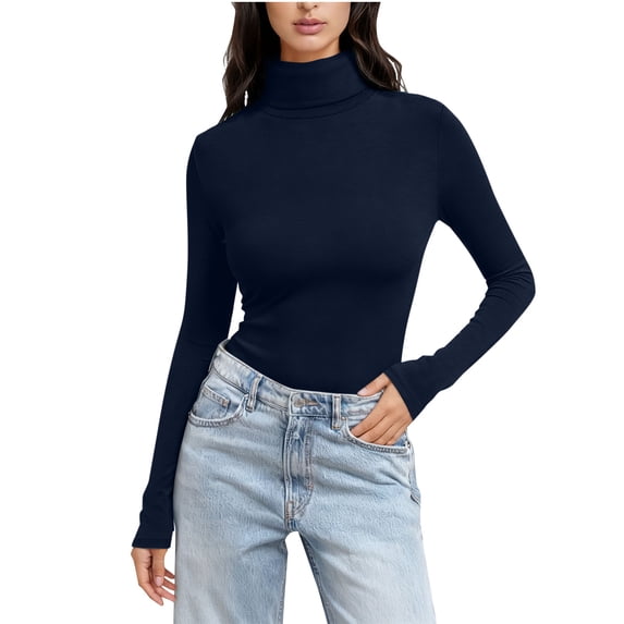 Women's Base Layer Turtleneck Long Sleeve Solid Thermal Pullover Slim Tops Navy 2XL