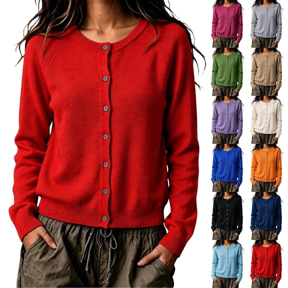 Women's Base Sweater Cardigan Lightweight Soft Casual Button Front Knit Jacket Long Sleeve Spring Fall Clothes (M, Red)