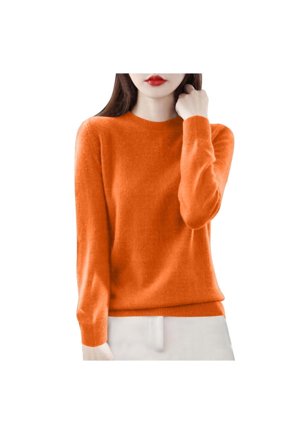 Women's Base Sweaters Soft Crewneck Plain Pullover Knitted Tops Long Sleeve Ribbed Hem Casual Fall Winter Jumpers (L, Orange)