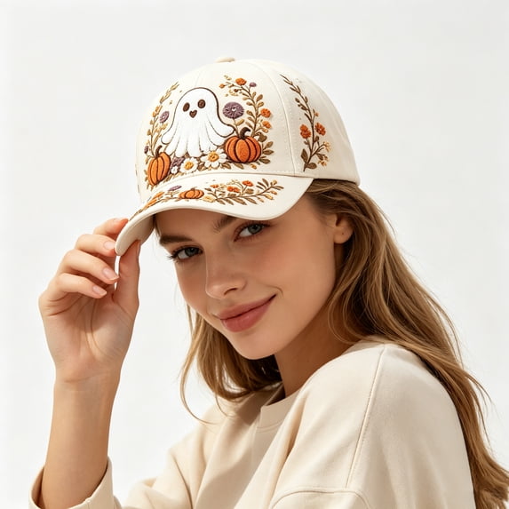 Women's Baseball Cap 2D Halloween Pumpkin Witch Ghost Embroidered Sun Hat