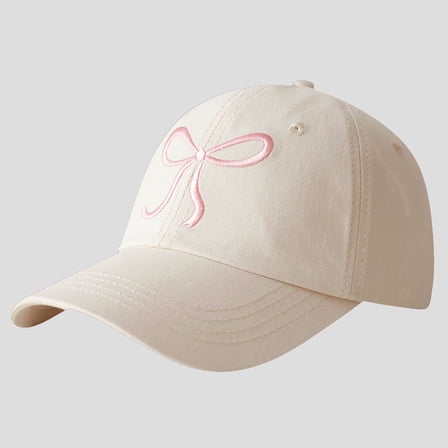 Women's Baseball Cap with Bow Embroidery- Beige