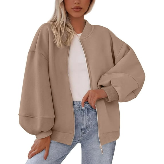 Women's Baseball Collar Zip Up Jacket, Casual Long Sleeve Solid Color Outerwear with Pockets, Lightweight Comfortable Coat for Fall Winter 2025 Fashion, Streetwear Style and Daily Wear Khaki XL