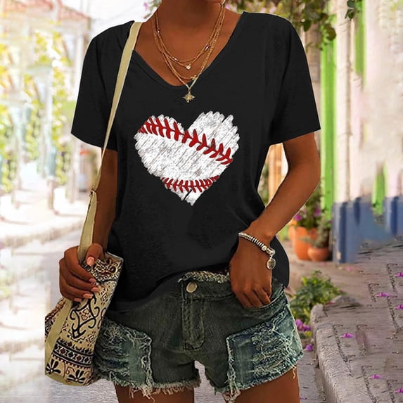 Women's Baseball Festival Solid Color Baseball Printed V Neck Short Sleeved Top
