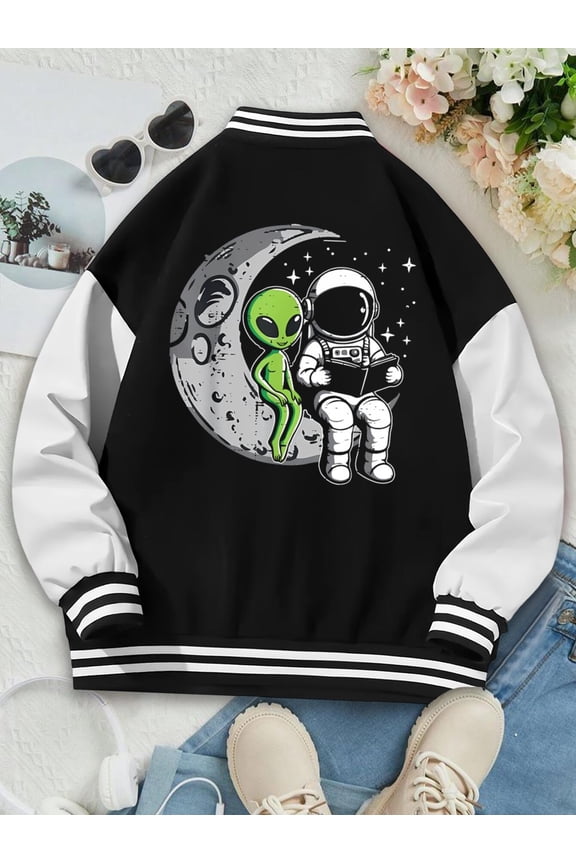 Women's Baseball Jacket Astronaut and Alien Reading on the Moon Hoodie - Space Exploration Tee for Science Lovers Sci-Fi Fans - Funny Graphic Novelty Hoodie for Women