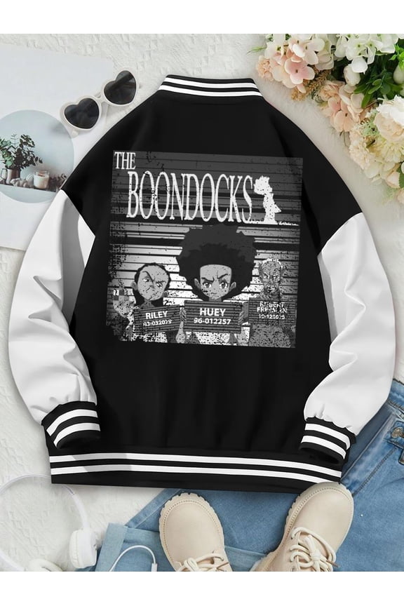 Women's Baseball Jacket Boondocks Grunge Old Style Hoodie 90s Anime Y2K Varsity Hoodie for Women Nostalgia Pop Culture