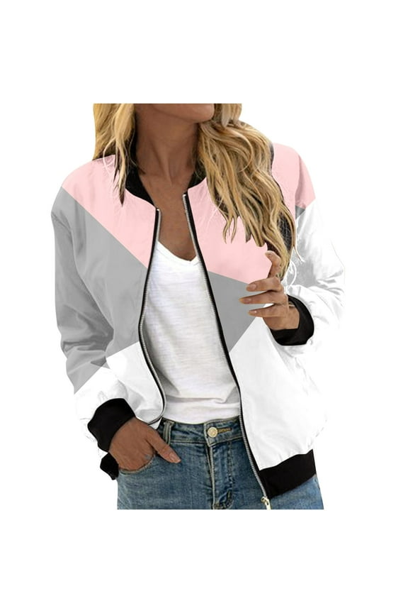 Women's Baseball Jacket Casual Coat Fall Fashion Lightweight Zip up Long Sleeve Outerwear Windbreaker with Pocket Grandma Zip up Sweatshirt S-107 Pink-a M