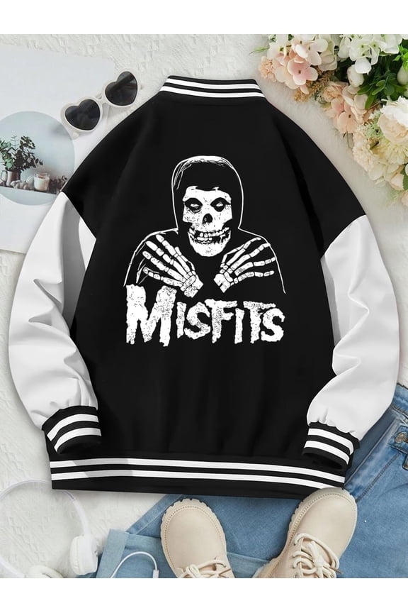 Women's Baseball Jacket Distressed Misfits Bomber Jacket for Women Hoodie Vintage 70s 80s 90s Band Style