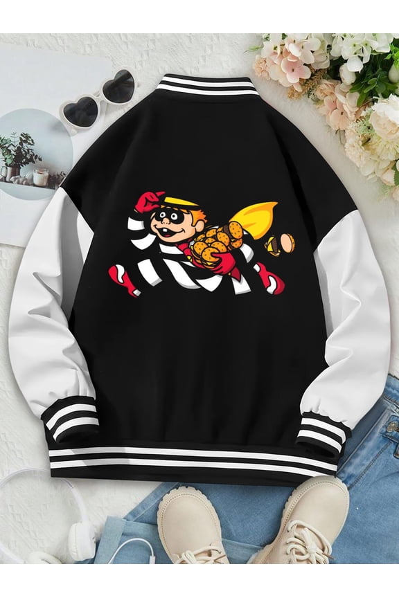 Women's Baseball Jacket Featuring Burger Theft Design Oversized Hoodie Varsity Jacket Fast Food Hamburger Cheeeseburger and Nostalgia.