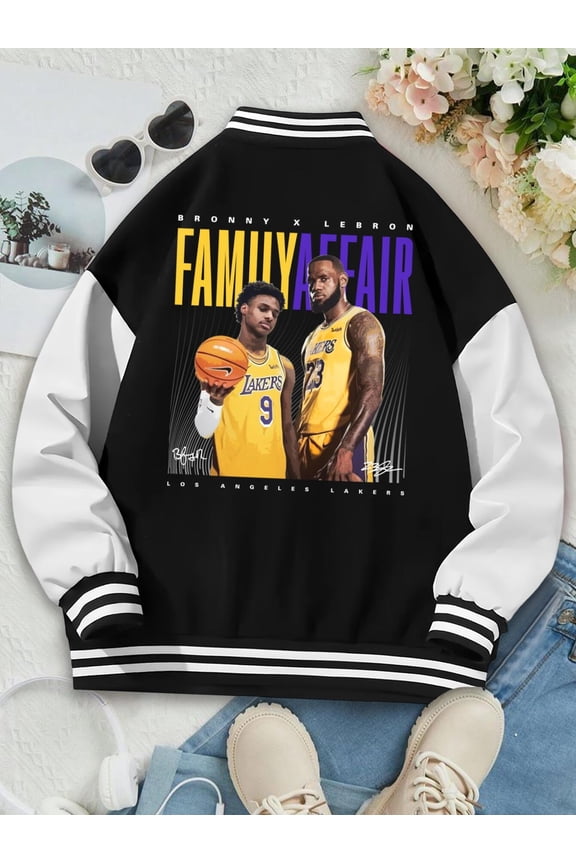 Women's Baseball Jacket Featuring Lebron And Bronny James Bomber Hoodie Basketball Lakers Classic Father And Son Ladies Hoodie