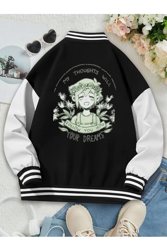 Women's Baseball Jacket Featuring Omori My Thoughts Will Follow You Into Your Dreams Aubrey Basil and Anime-Inspired Hoodie