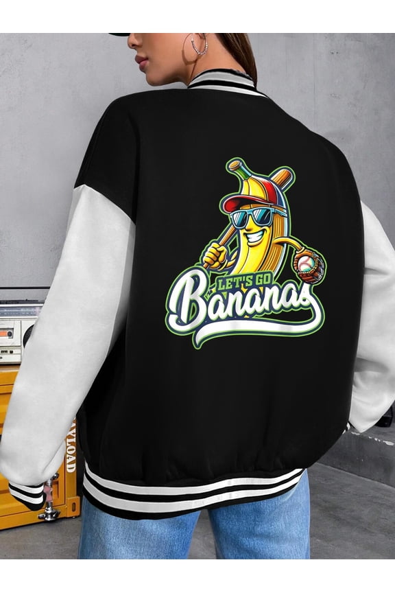 Women's Baseball Jacket Funny Banana Hoodie - Let's Go Bananas Tee - Cute Unique Graphic Long Sleeve Top for Men Women. Perfect for Baseball Season! Bomber Jacket Ladies
