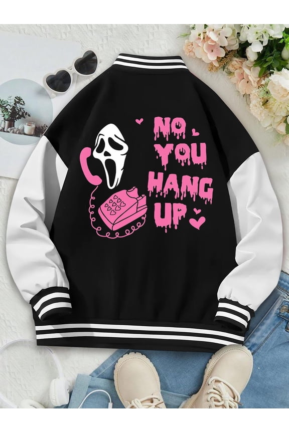 Women's Baseball Jacket Funny Halloween Ghostface Hoodie Scream Movie Horror Costume for Women Spooky Slasher Style Varsity Hoodie