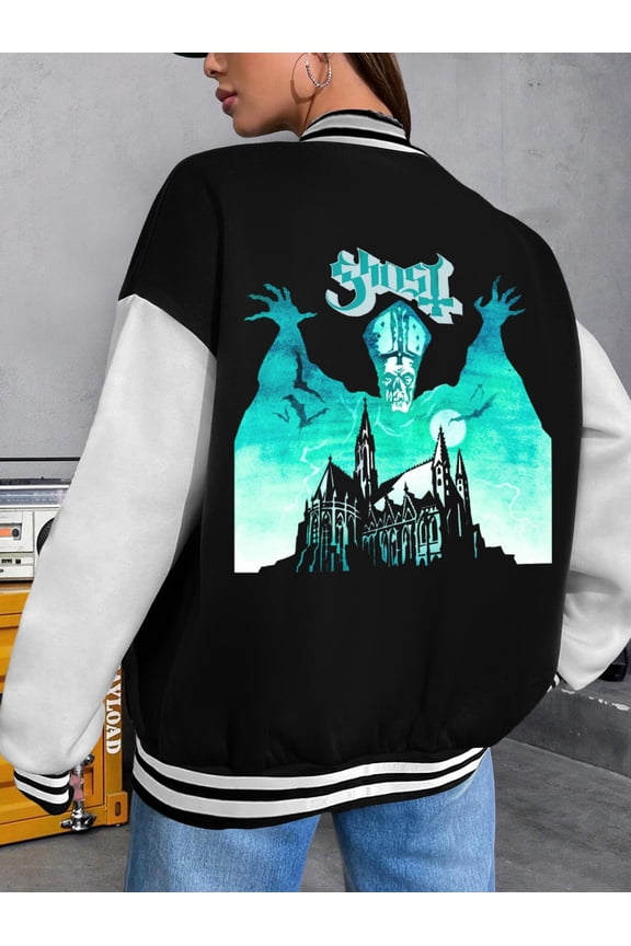 Women's Baseball Jacket Ghost Band Hoodie Retro Vintage Style for Ladies 80s 90s Music Papa Emeritus Bomber Jacket