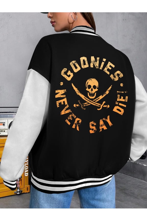 Women's Baseball Jacket Goonies-Inspired Hoodie with A Pirate's Life Never Die and Sloth Design Baseball Hoodies for Women