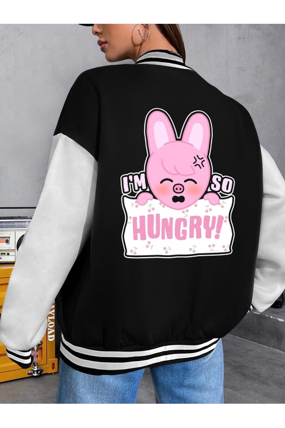 Women's Baseball Jacket I'm So Hungry! Changbin Dwaekki Hoodie for Women | Funny Kpop SKZ Bomber Jacket with Bunny Design