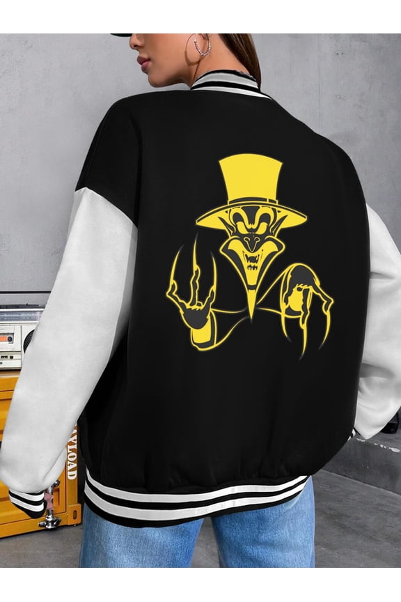 Women's Baseball Jacket Insane Clown Posse Varsity Hoodie Vintage Style Hip Hop Urban Clothing for Ladies Hatchetman Design Psychopathic Juggalo Hip Hop Culture