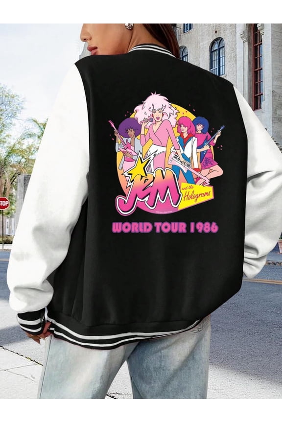 Women's Baseball Jacket Jem And The Holograms Hoodie Vintage 90s Cartoon Outrageous Bomber Jacket For Women