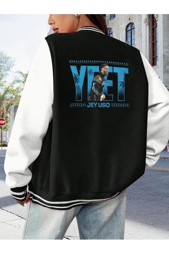 Women's Baseball Jacket Jey Uso Yeet Hoodie - WWE Wrestling Fan Apparel - Long Sleeve Tee for Men Women - Official Merchandise - Sport Athlete Graphic - Gift Idea for Wrestling Fans - Varsity Jacket