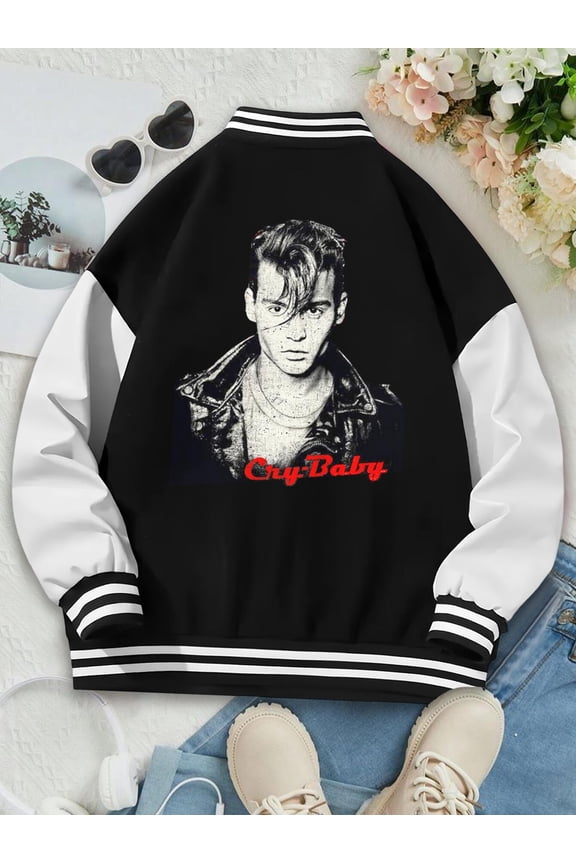 Women's Baseball Jacket Johnny Cry Baby Hoodie for Ladies Bad Boy Comedy Film Crybaby Cult Classic Johnny Depp Musical Rockabilly Teen Movie Varsity Jacket