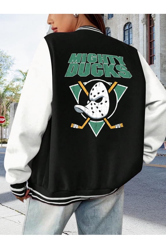 Women's Baseball Jacket Mighty Ducks Retro Bomber Hoodie. Coming of Age Movie Style Featuring Ducks Mighty Ducks for Women.