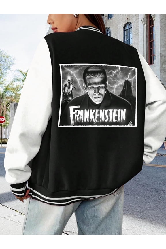 Women's Baseball Jacket The Monster Lives Big Size Hoodie Ladies Varsity Hoodie Featuring Boris Karloff Classic Monsters Fantasy And Retro Universal Monsters