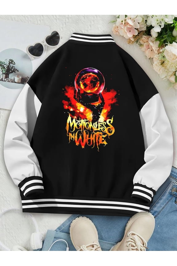 Women's Baseball Jacket Motionless In White Evil Music Band Hoodie Heavy Metal Style for Ladies Fans. Chris Motionless Design. Judas Priest Inspired.