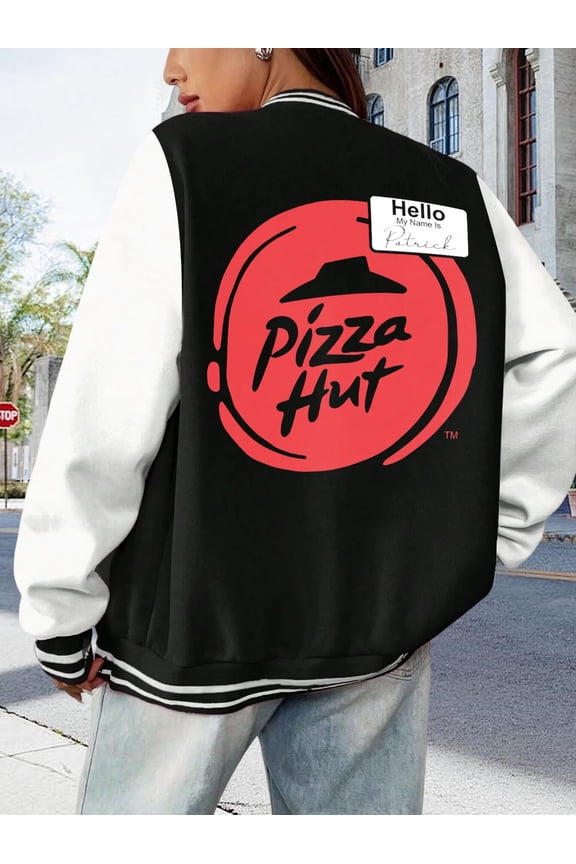 Women's Baseball Jacket Name Tag Pizza Hut Women's Hoodie Cheese Pizza Bomber Jacket for Women Stylish Zipper Hoodie