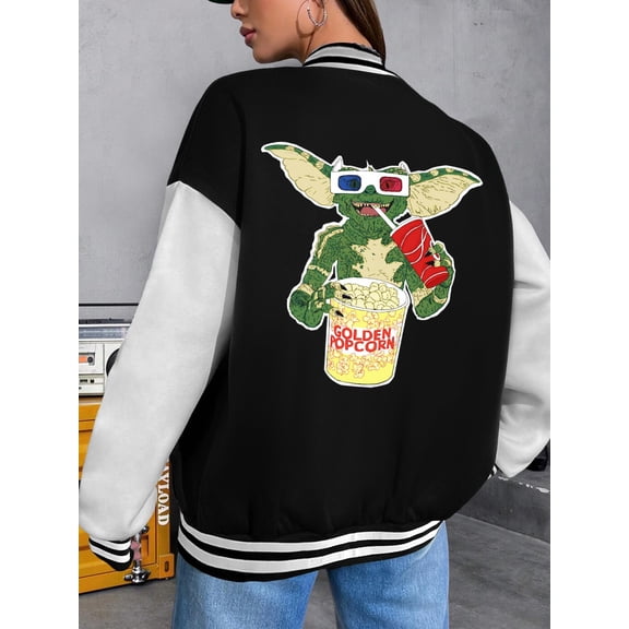 Women's Baseball Jacket Popcorn Gremlin Hoodie Bomber Jacket for Women Gizmo Horror Movie Fans with Stripe