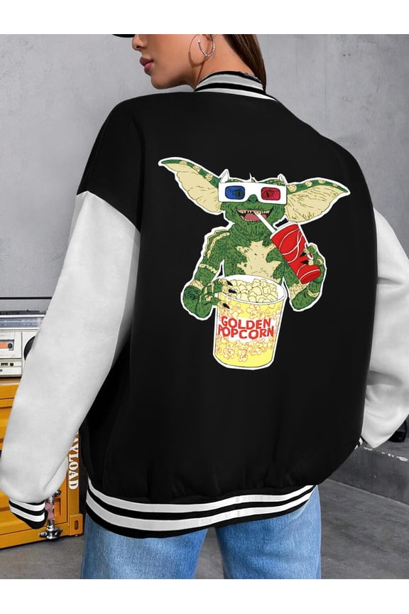 Women's Baseball Jacket Popcorn Gremlin Hoodie Bomber Jacket for Women Gizmo Horror Movie Fans with Stripe