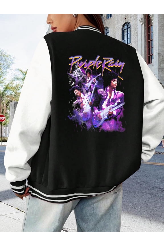 Women's Baseball Jacket Purple Rain Prince Big Size Hoodie Hip Hop Music Musical Musician Pop Music Varsity Hoodie for Women