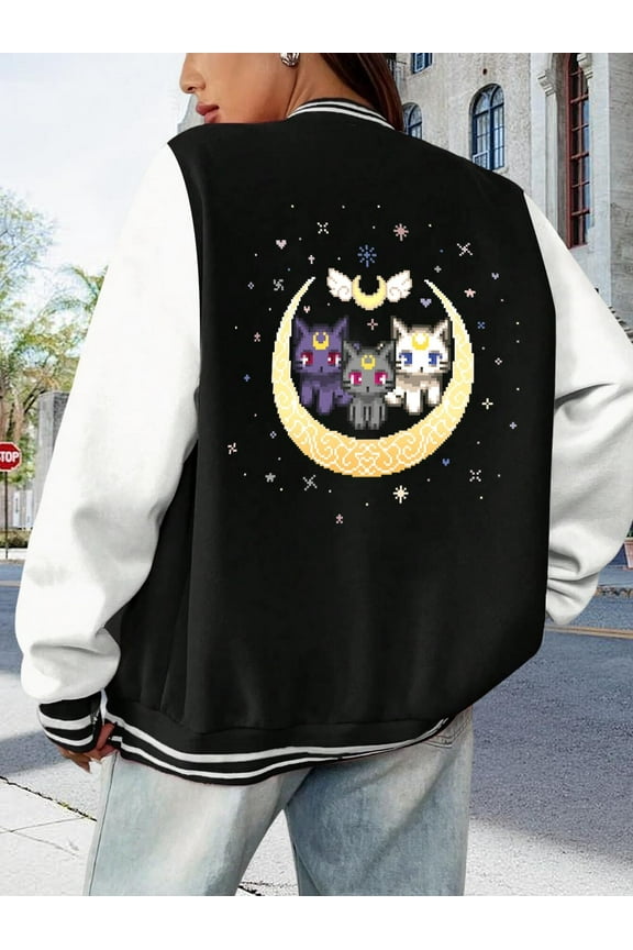 Women's Baseball Jacket Sailor Cats Clear Hoodie Ladies Varsity Jacket Artemis Diana Stylish Pattern Cute Anime Style Cosplay Fashion