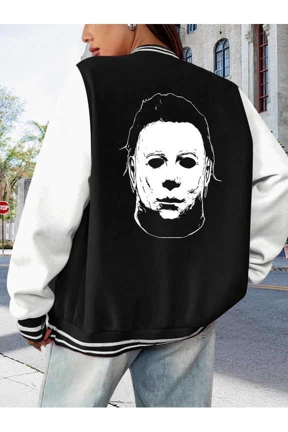 Women's Baseball Jacket Shape Hoodie for Women Halloween Horror Movies Myers Mask Design Scary Shape Bomber Jacket