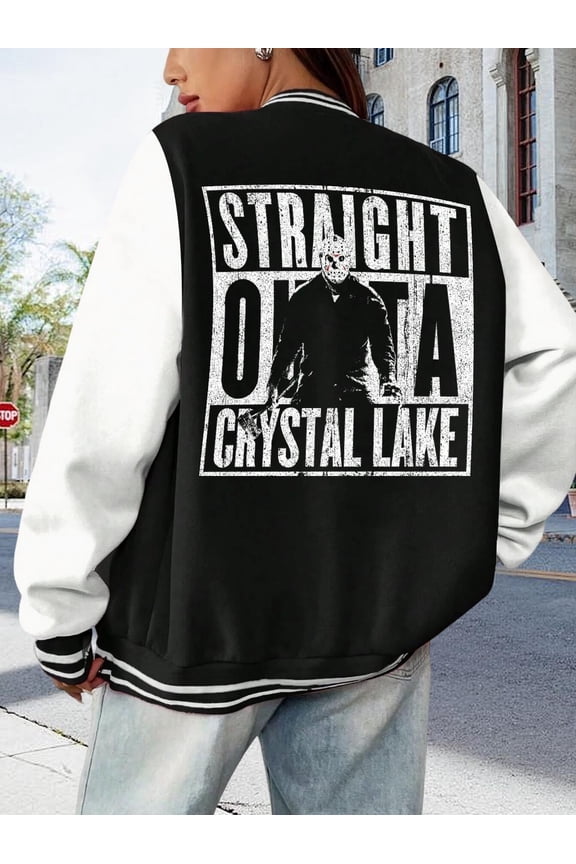 Women's Baseball Jacket Straight Outta Crystal Lake Varsity Hoodie Horror Movies Jason Voorhees For Women Crystal Lake Camp Crystal Lake Hoodie