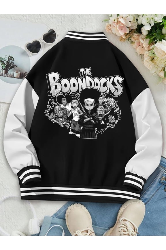 Women's Baseball Jacket The Boondocks Hoodie Anime Varsity Jacket for Women Huey Cartoon Comedy Style