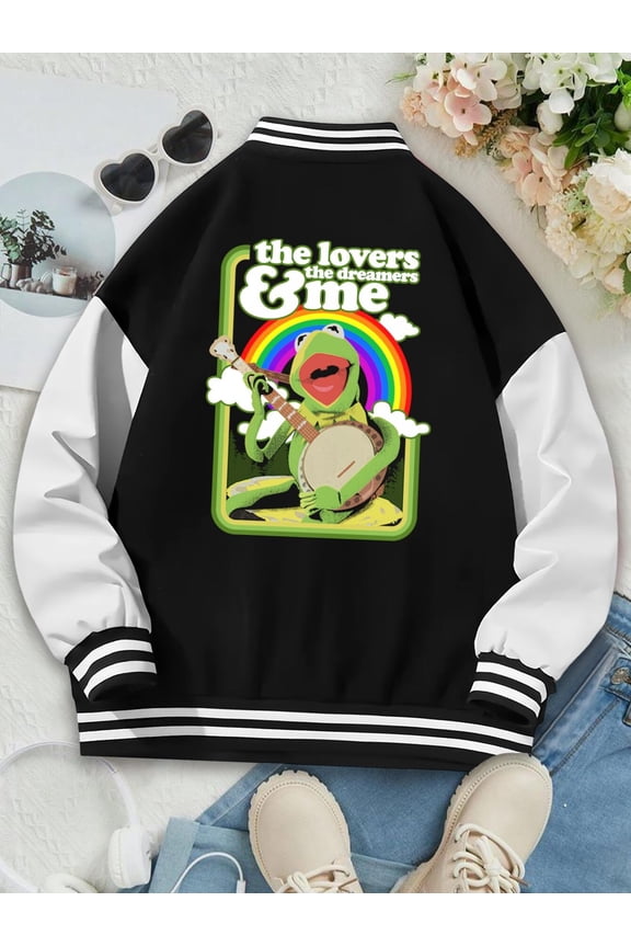 Women's Baseball Jacket The Lovers' Varsity Style Hoodie - for Ladies with Colorful Retro Kermit the Frog Muppets Show Design | Rainbow Connection