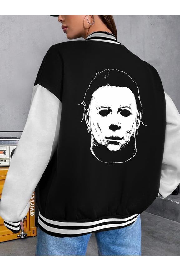 Women's Baseball Jacket The Shape Big Size Women Hoodie Halloween Horror Movies Mask Design Myers Scary Varsity Jacket For Ladies