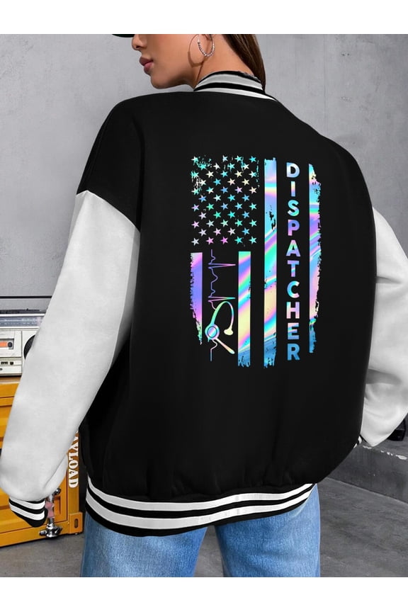 Women's Baseball Jacket USA Flag Hoodie American Flag Dispatcher Lover Gift for Mom Independence Day Police Varsity Jacket