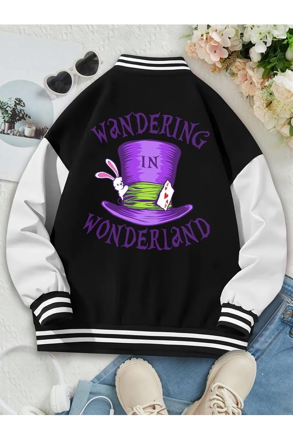 Women's Baseball Jacket Wandering In Wonderland Big Size Women Hoodie Alice In Wonderland Cheshire Cat White Rabbit Varsity Jacket Were All Mad Here