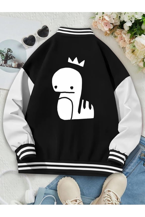 Women's Baseball Jacket featuring Bang Chan Dino Crown Drawing Hoodie - Cute Kpop Minimalistic SKZ Sticker Style Bomber Jacket - for Ladies