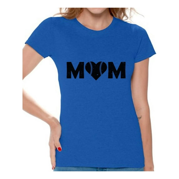 Women's Baseball Mom Heart Graphic T-shirt Tops Black Sport Mom's Heart