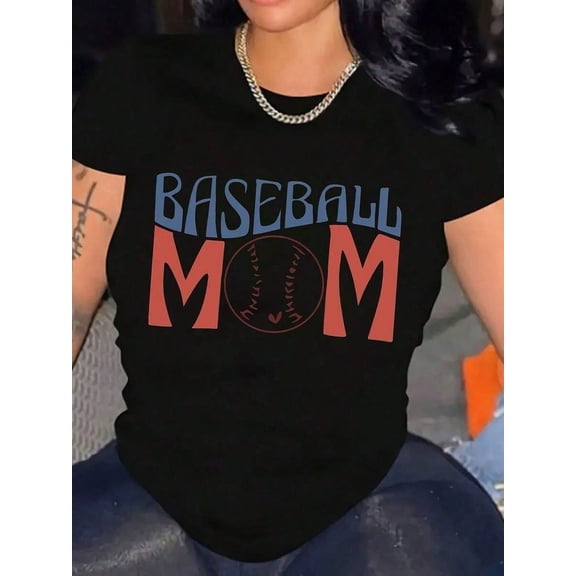 Women's Baseball Mom Print Shirt Plus Size Cotton T-Shirt Soft, Breathable, Comfort-Fit Crew Neck Tee, 220g
