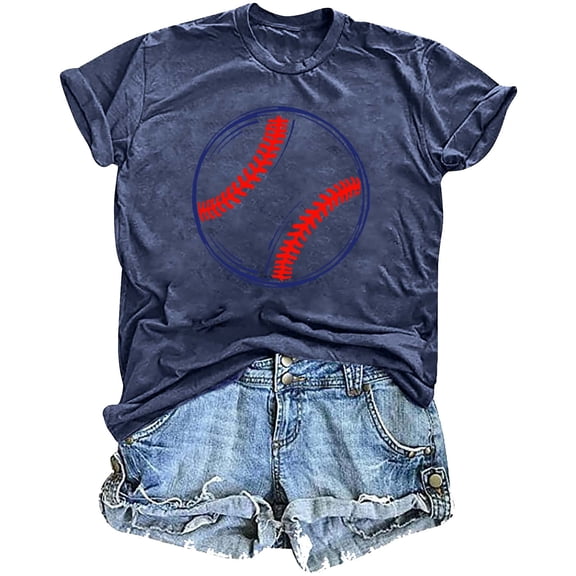 Women's Baseball T Shirts Summer Cute Graphic Crew Neck Short Sleeve Tops Casual Loose Classic Basic Blouses (2XL, Navy)