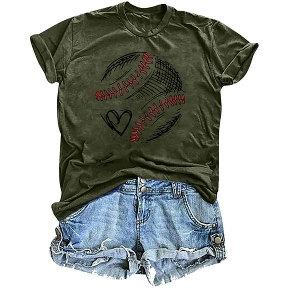 Women's Baseball T Shirts Summer Cute Graphic Crew Neck Short Sleeve Tops Casual Loose Classic Basic Blouses (3XL, Army Green)